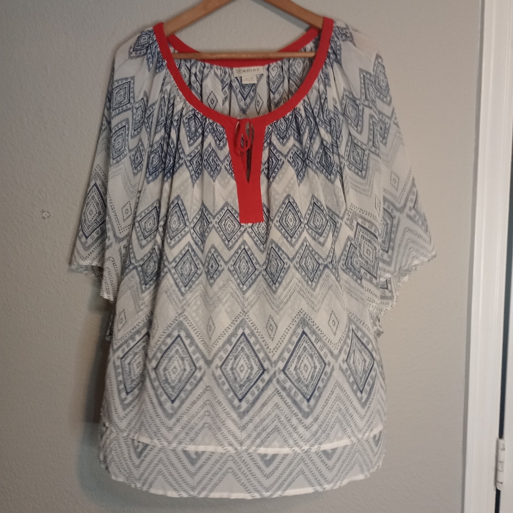 Ariat Geo Boho Blouse Keyhole Front Tiered Bell Sleeves Flowy Top Western